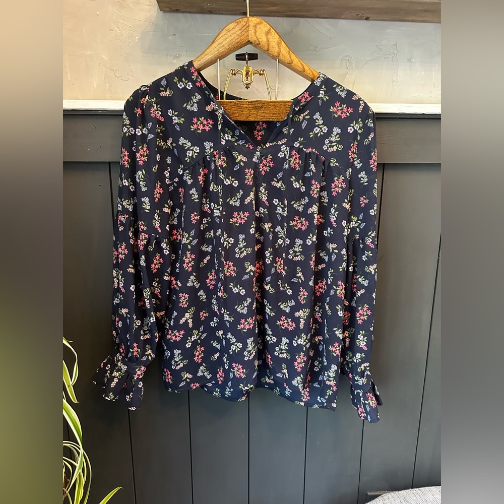 LOFT Navy Floral Long-Sleeve Blouse